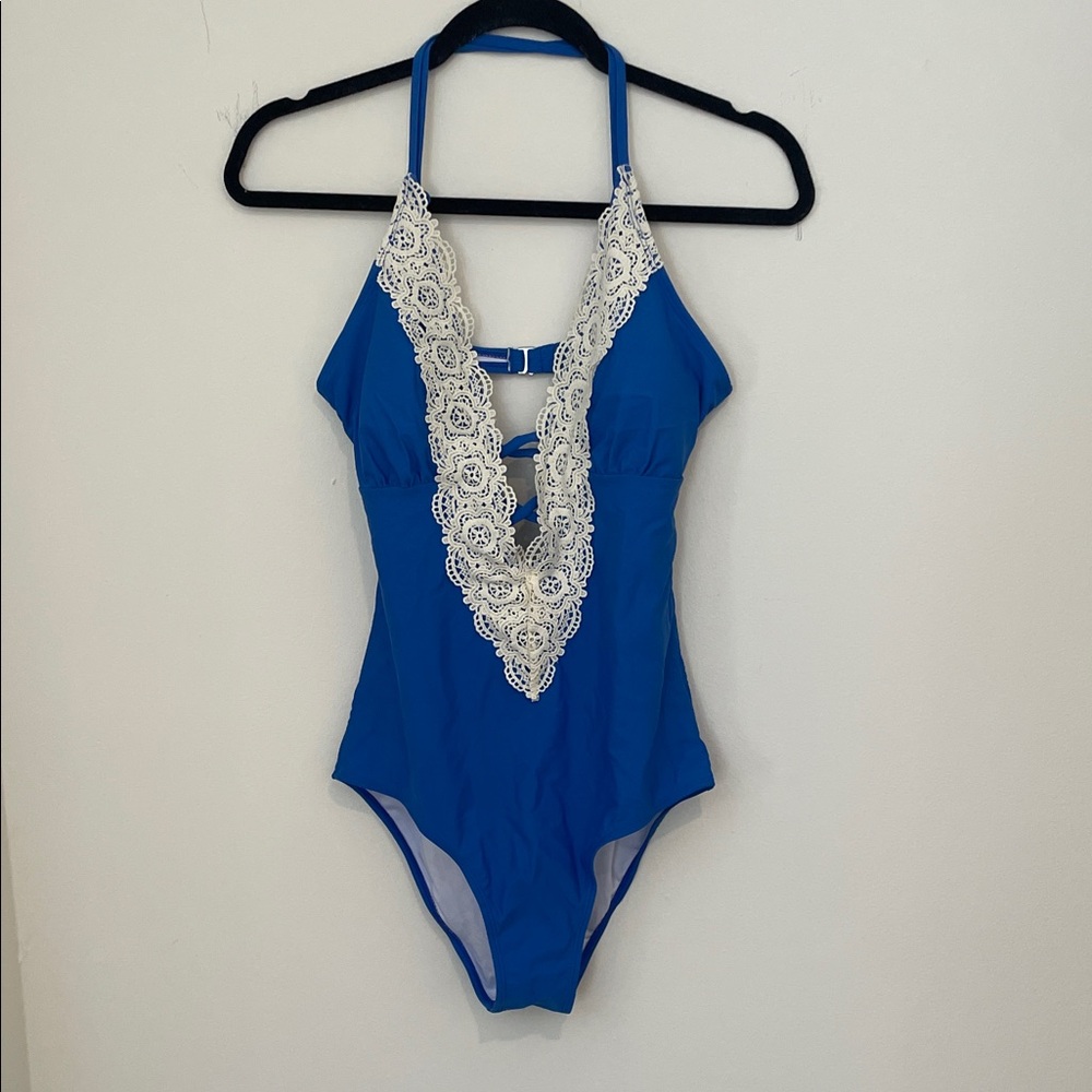 Chic Blue and White Lace Halter One Piece Swimsuit